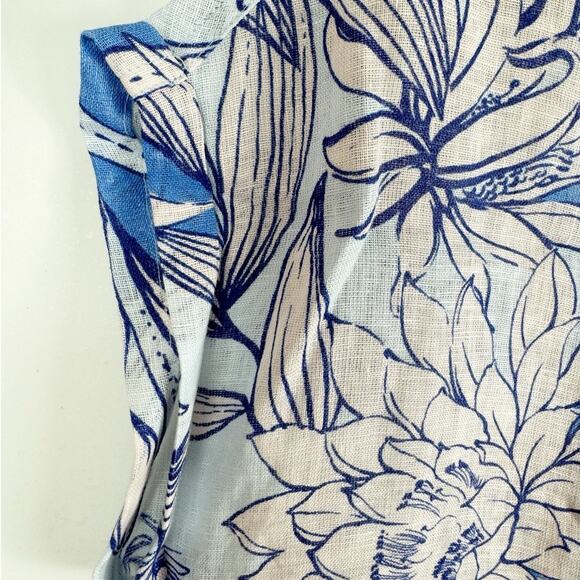 H by Halston Womens Button Down Linen Shirt Blue White Floral Medium - Picture 4 of 5